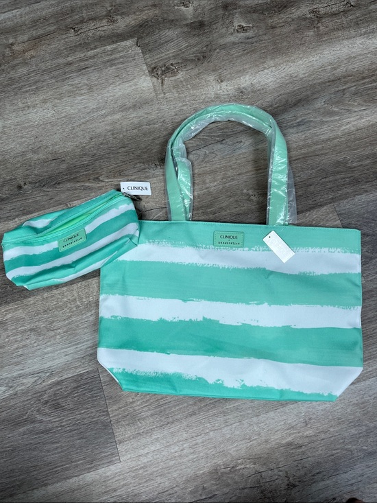 Clinique Handbags - Clinique x Drawbertson Green and White Striped Tote with Matching Pouch NWT